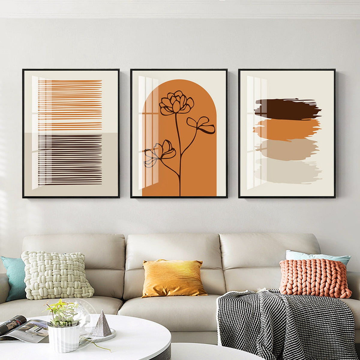 Warm Orange Abstract Line Wall Art — lifestyle view