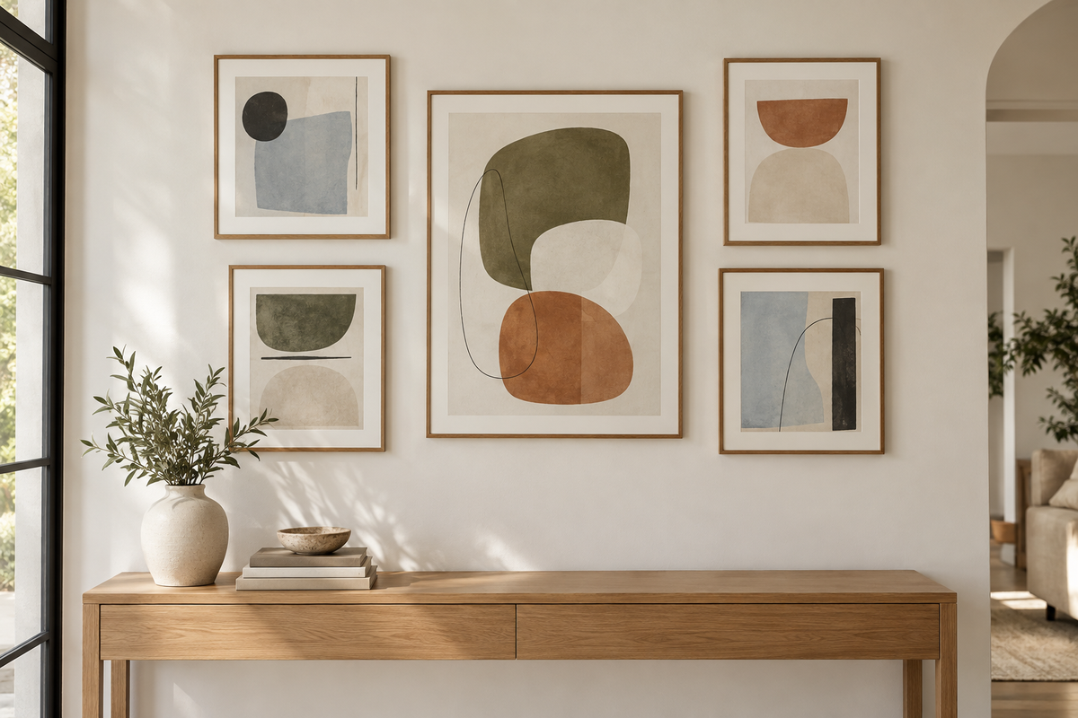 Balanced gallery wall with consistent frame spacing