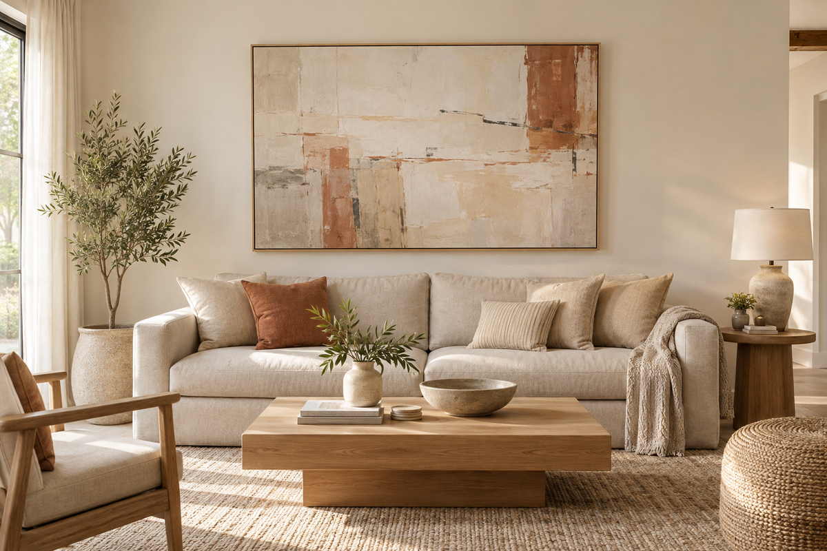 Warm living room with correctly scaled abstract wall art