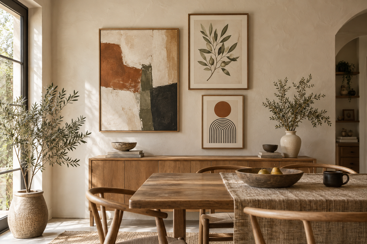 Warm interior mixing abstract botanical and graphic art prints