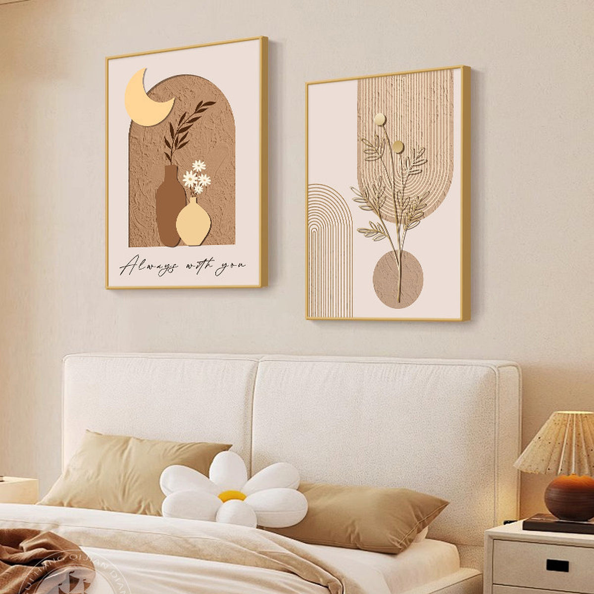 Cream-Tone Abstract Bedroom Wall Art — lifestyle view